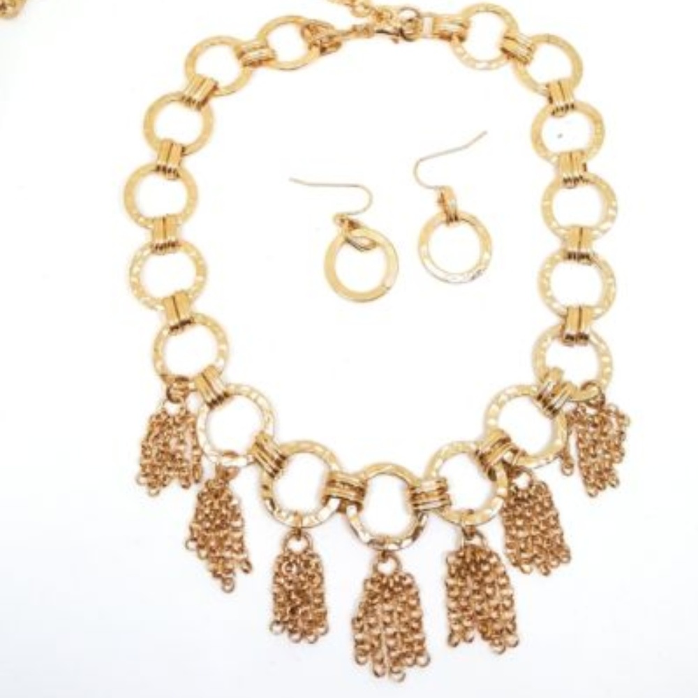Gold Tone Fringe Choker Necklace and Earring Set